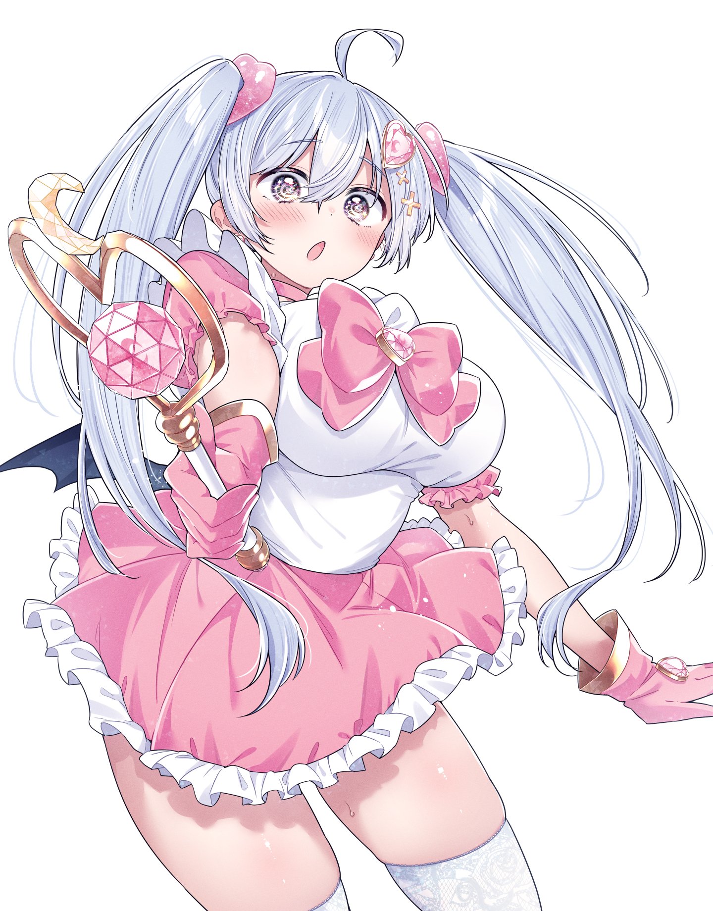 kamio fukuchi, hiwamura hiyori, yowa yowa sensei, highres, 1girl, @ @, ahoge, alternate costume, blue hair, blush, bow, breasts, choker, cosplay, demon wings, dress, gloves, hair ornament, holding, holding wand, jewelry, large breasts, long twintails, magical girl, open mouth, purple eyes, short sleeves, skirt, thighhighs, twintails, wand, wings, x hair ornament, zettai ryouiki