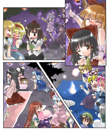 coco (artist), alice margatroid, chen, cirno, hakurei reimu, hong meiling, houraisan kaguya, ibuki suika, inaba tewi, izayoi sakuya, kirisame marisa, konpaku youmu, konpaku youmu (ghost), lunasa prismriver, lyrica prismriver, merlin prismriver, mystia lorelei, patchouli knowledge, reisen udongein inaba, remilia scarlet, saigyouji yuyuko, shameimaru aya, yakumo ran, yakumo yukari, touhou, 6+girls, animal ears, black hair, blonde hair, braid, everyone, female focus, hat, long hair, multiple girls, rabbit ears