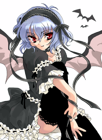 coco (artist), remilia scarlet, touhou, 1girl, bat (animal), black thighhighs, female focus, goth fashion, simple background, solo, thighhighs, white background, wings