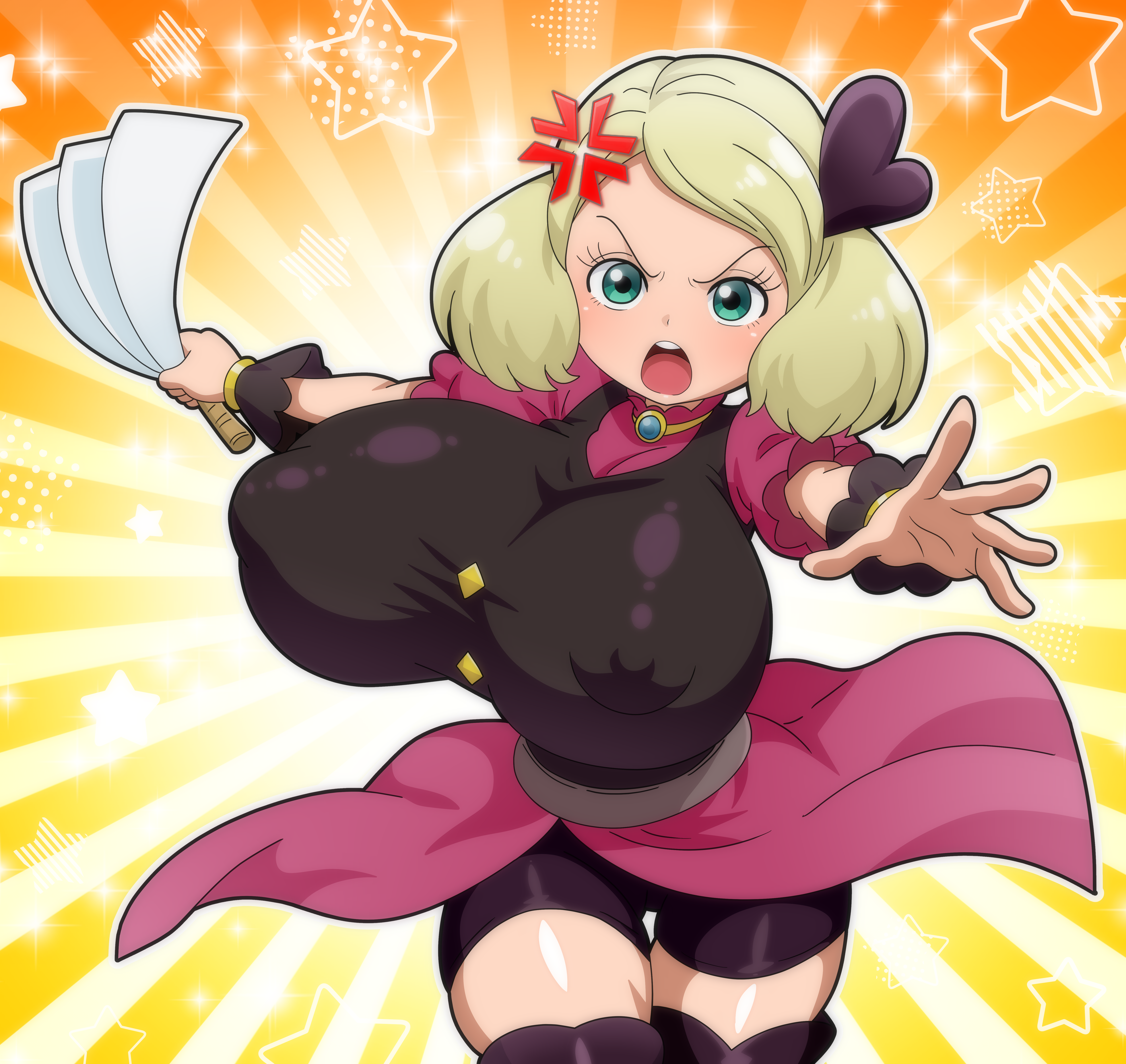 hitokiwa kenchin, mayone (snack world), snack world, absurdres, highres, 1girl, blonde hair, breasts, large breasts, no bra, oppai loli, short hair, solo