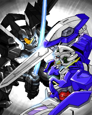 exia, flag custom, gundam exia, gundam, gundam 00, lowres, 00s, glowing, holding, holding sword, holding weapon, mecha, no humans, oekaki, robot, sword, weapon