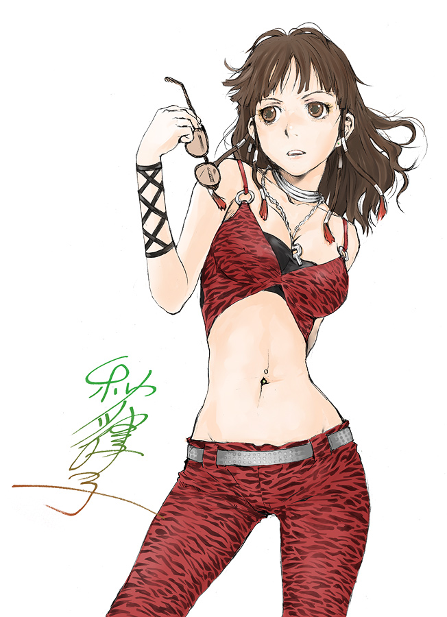 tamaoki benkyou, akizuki ritsuko, idolmaster, idolmaster (classic), idolmaster 1, bad id, bad pixiv id, 00s, 1girl, alternate hairstyle, bandeau bikini, brown eyes, brown hair, cool & sexy (idolmaster), female focus, glasses, holding, holding removed eyewear, jewelry, midriff, navel, navel piercing, necklace, piercing, solo, unworn eyewear