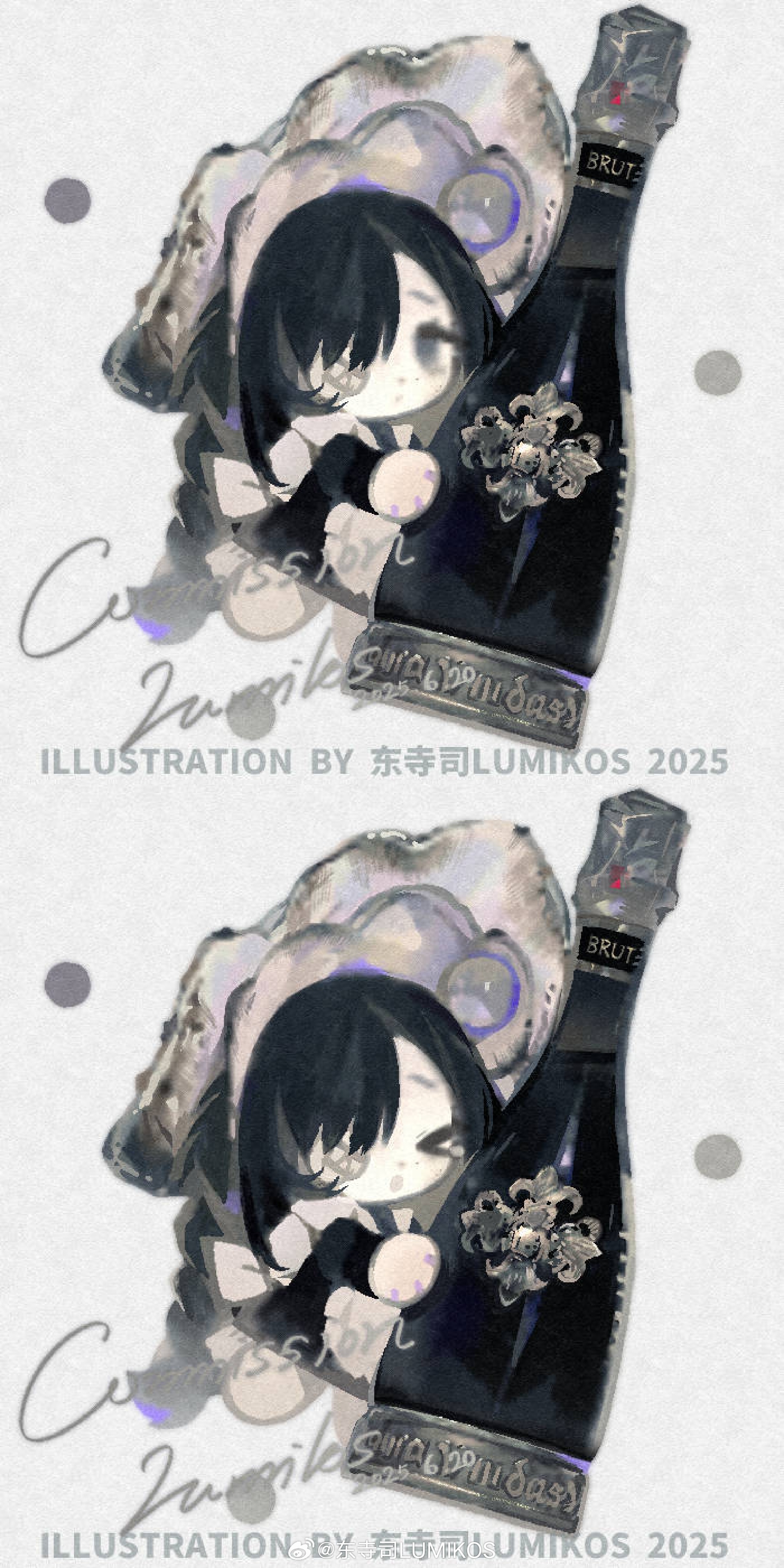 lumikos, original, absurdres, highres, 1girl, black dress, black eyes, black hair, bonnet, bottle, bow, braid, chibi, chibi only, dress, english text, glass bottle, hair bow, hair over one eye, hat, holding, long hair, mini person, multiple expressions, multiple views, one eye closed, sample watermark, simple background, swept bangs, watermark, white bow, wine bottle