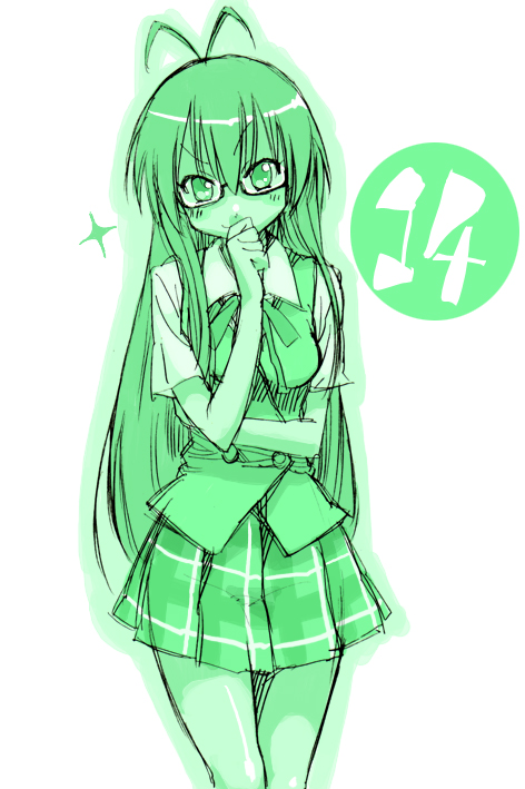 mikami komata, mikami konu, saotome haruna, mahou sensei negima!, 00s, 1girl, female focus, glasses, green theme, hand on own chin, long hair, monochrome, numbered, plaid clothes, plaid skirt, skirt, smirk, solo