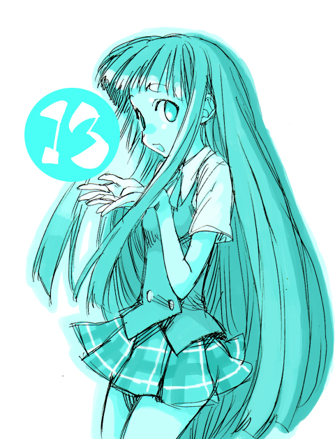 mikami komata, mikami konu, konoe konoka, mahou sensei negima!, 00s, 1girl, aqua theme, female focus, monochrome, numbered, plaid clothes, plaid skirt, skirt, solo