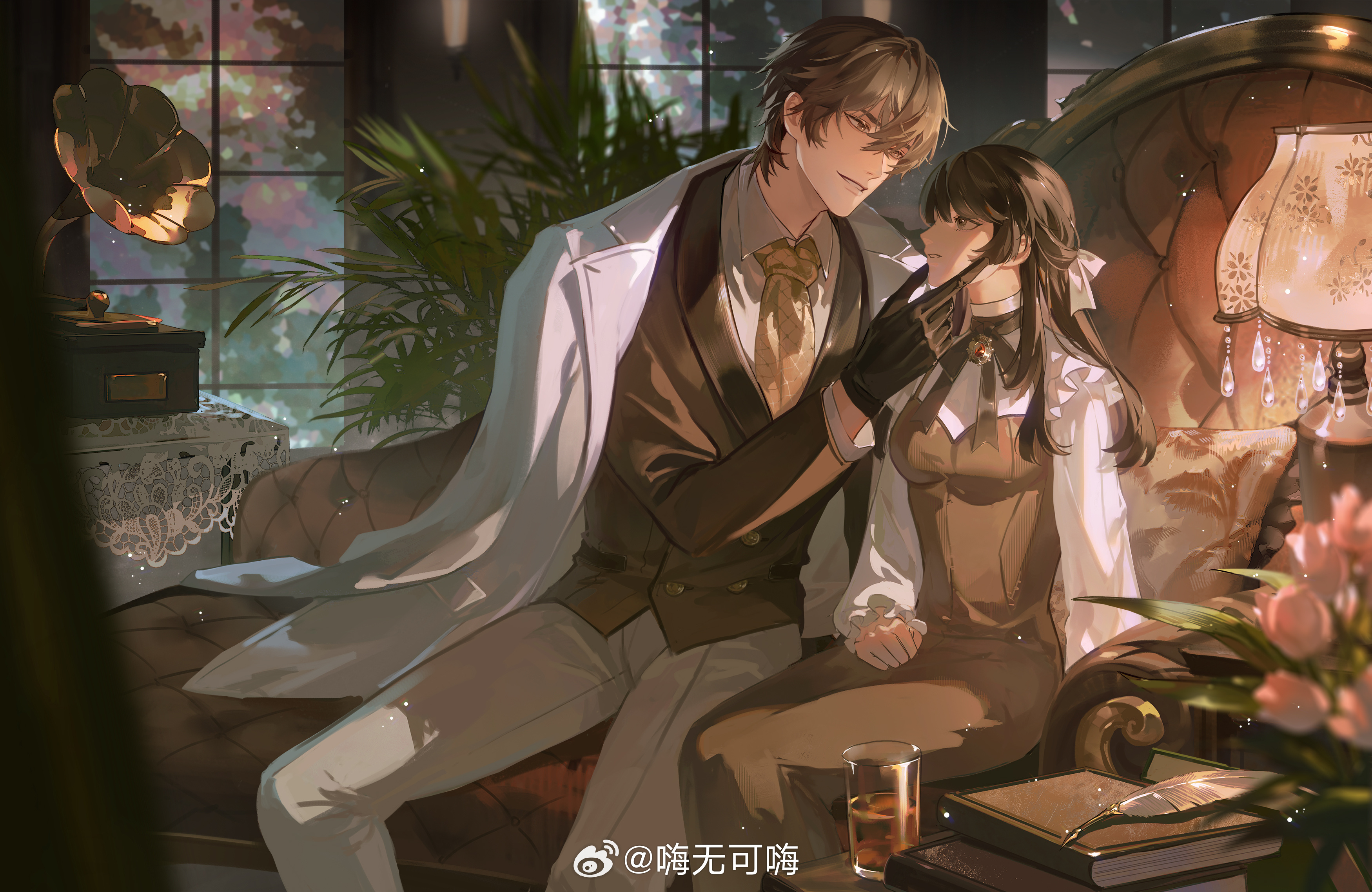haiwu kehai, absurdres, chinese commentary, highres, 1boy, 1girl, black gloves, black hair, book, bow, breasts, brooch, brown eyes, brown hair, brown jacket, brown necktie, brown ribbon, buttons, chaise longue, coat, coat on shoulders, collared shirt, couch, cup, cushion, double-breasted, dress, drink, drinking glass, eye contact, feet out of frame, flower, frilled shirt, frilled sleeves, frills, gem, gloves, grabbing another's chin, grey eyes, grey pants, hair between eyes, hair bow, half updo, hand on another's chin, hand on own thigh, height difference, hetero, indoors, jacket, jewelry, lamp, light particles, long dress, long hair, looking at another, medium breasts, memoirs in metheus, neck ribbon, necktie, pants, parted lips, pencil dress, phonograph, pinafore dress, pink flower, pink tulip, plant, profile, quill, red gemstone, ribbon, shang lu, shirt, short hair, sitting, sleeveless, sleeveless dress, smile, tablecloth, tulip, watermark, weibo watermark, white bow, white coat, white shirt, window, wispy bangs