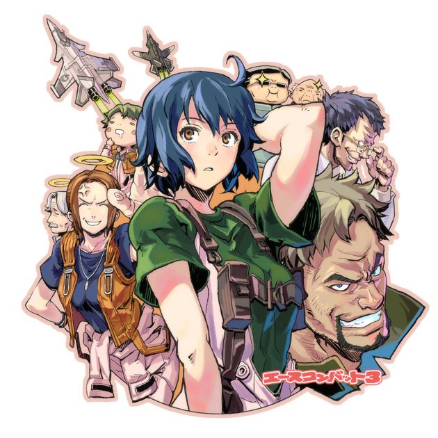 hirowonori, abyssal dision, erich jaeger, fiona chris fitzgerald, gabriel william clarkson, gilbert park, hirose rena, simon orestes cohen, ace combat, ace combat 3, namco, jpeg artifacts, spoilers, 2girls, 6+boys, adjusting eyewear, ahoge, aircraft, airplane, anger vein, bald, beard, black hair, blue hair, brown eyes, brown hair, copyright name, everyone, facial hair, fighter jet, glasses, grey hair, grin, halo, jacket, military, military vehicle, multiple boys, multiple girls, mustache, open mouth, short hair, smile, sparkle, sunglasses, vest