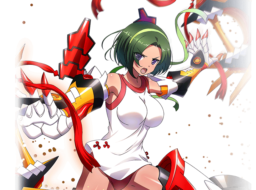 infinite stratos, infinite stratos: archetype breaker, white shirts, non-web source, official art, 1girl, bare shoulders, bob cut, breasts, dark skin, durga singh, green hair, large breasts, mechanical arms, open mouth, purple eyes, shirt, short hair, solo, tan, underwear, vishnu isa galaxy