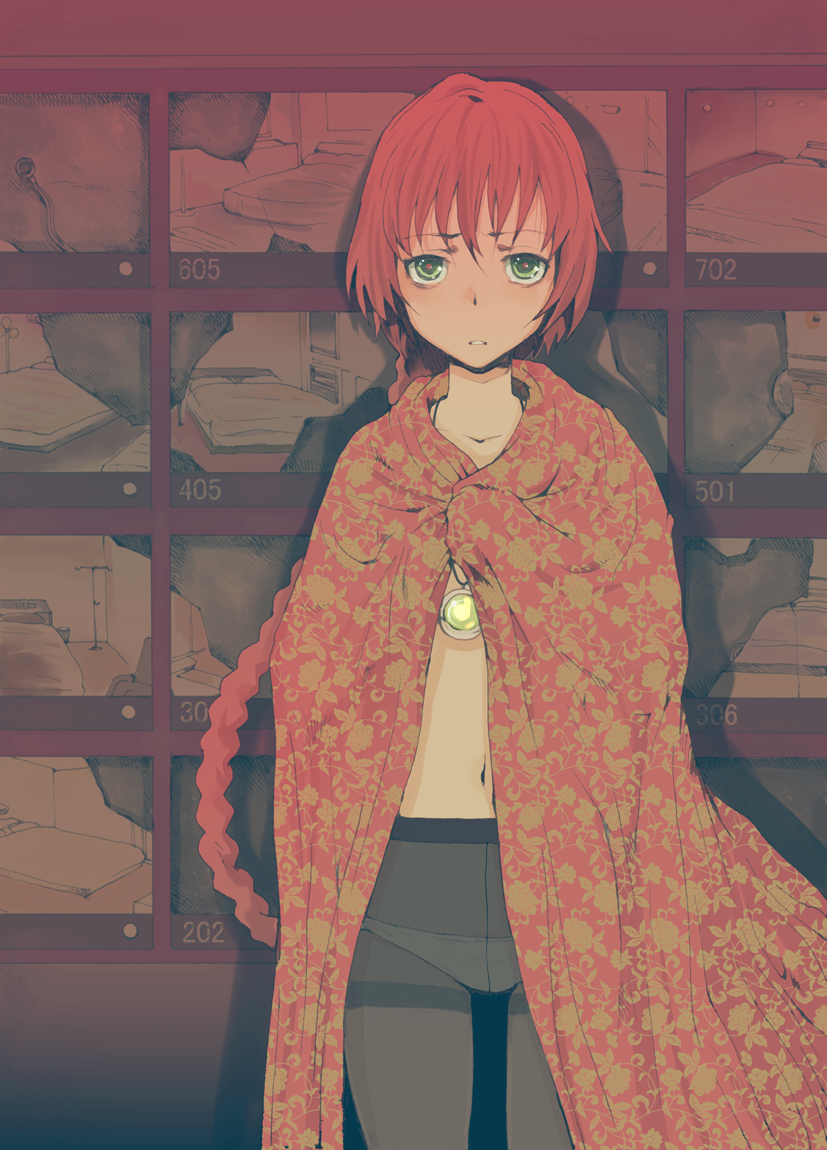 tamaoki benkyou, suou pavlichenko, darker than black, revision, 1girl, braid, crotch seam, green eyes, high-waist pantyhose, long hair, looking at viewer, navel, panties, panties under pantyhose, pantyhose, red hair, shadow, single braid, solo, topless female, underwear, unmoving pattern, white panties