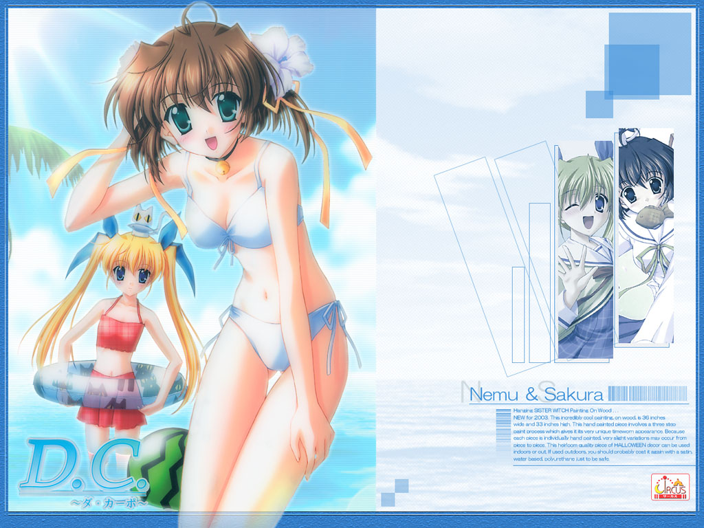nanao naru, asakura nemu, yoshino sakura, da capo, da capo i, 00s, 2girls, bikini, blonde hair, blue eyes, blush, brown hair, cloud, day, green eyes, long hair, multiple girls, ocean, short hair, swimsuit, twintails