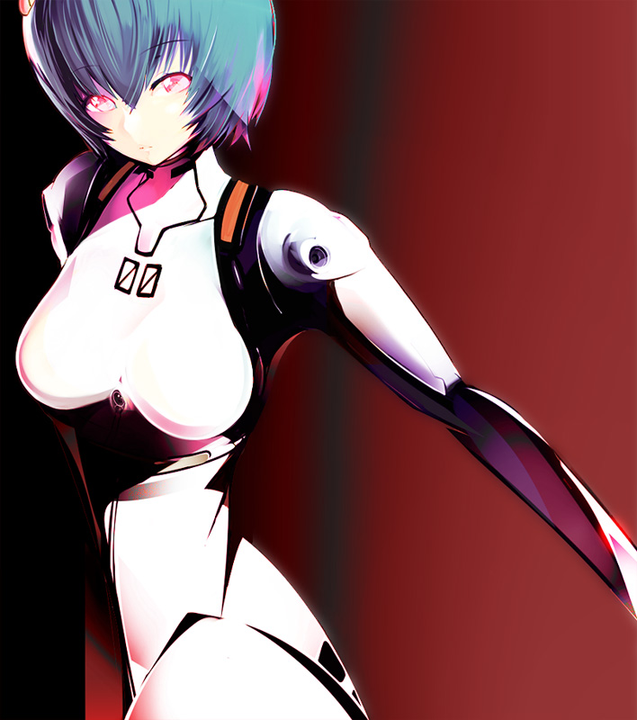 passione222, ayanami rei, neon genesis evangelion, bad id, bad pixiv id, blue hair, mecha pilot suit, pale skin, plugsuit (evangelion), red eyes, short hair, solo