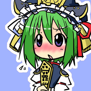 shiki eiki, touhou, lowres, 1girl, :<, blush, chibi, female focus, green hair, hat, purple eyes, ribbon, rod of remorse, short hair, simple background, solo, sweatdrop