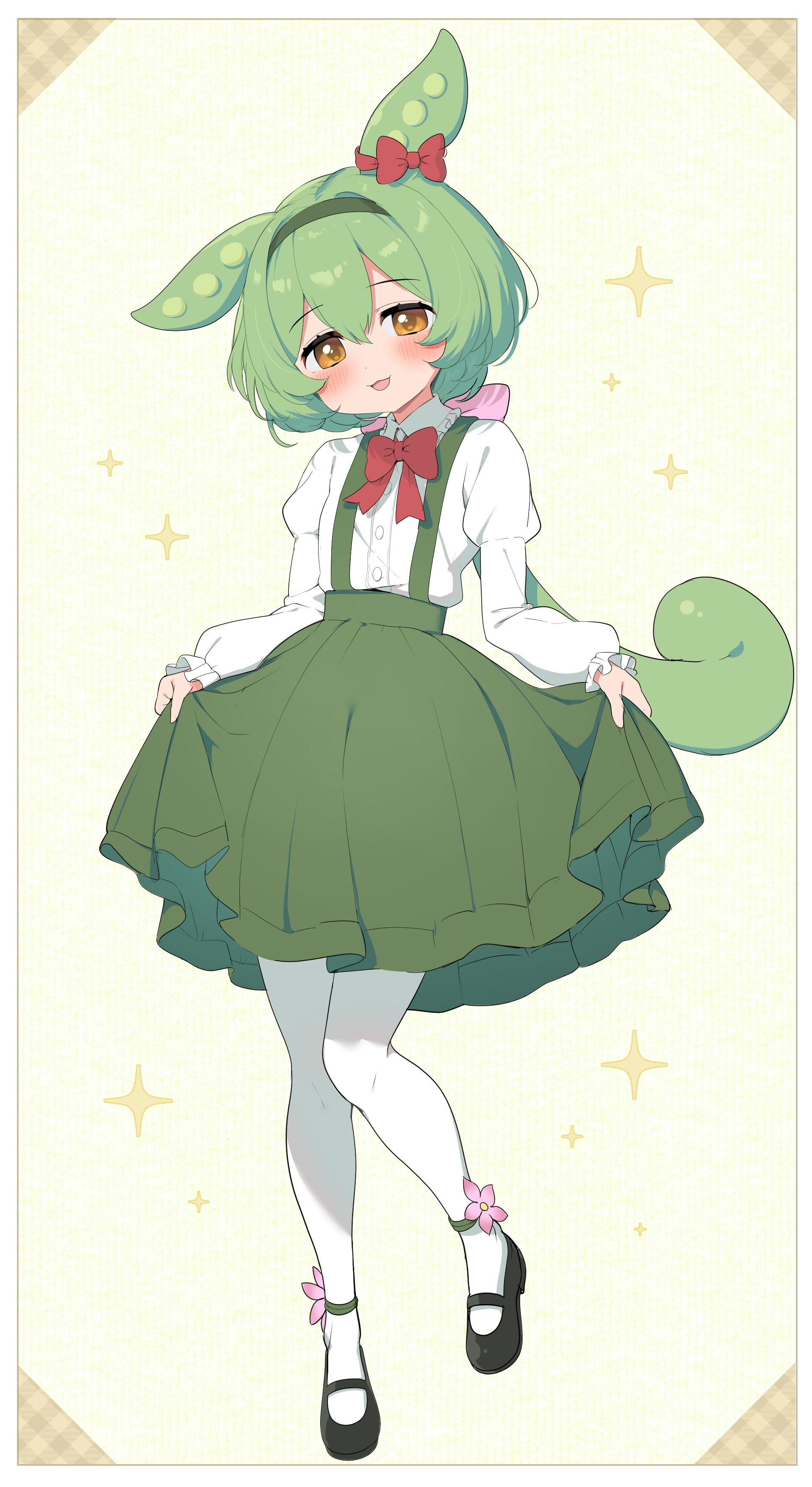ransusan, ojou-sama zundamon, zundamon, voicevox, absurdres, highres, 1girl, blush, curtsey, dress, full body, green hair, green suspenders, hair between eyes, long hair, looking at viewer, low ponytail, open mouth, pea pod, ponytail, puffy sleeves, ribbon, shirt, smile, solo, suspenders, white background, white shirt, yellow eyes