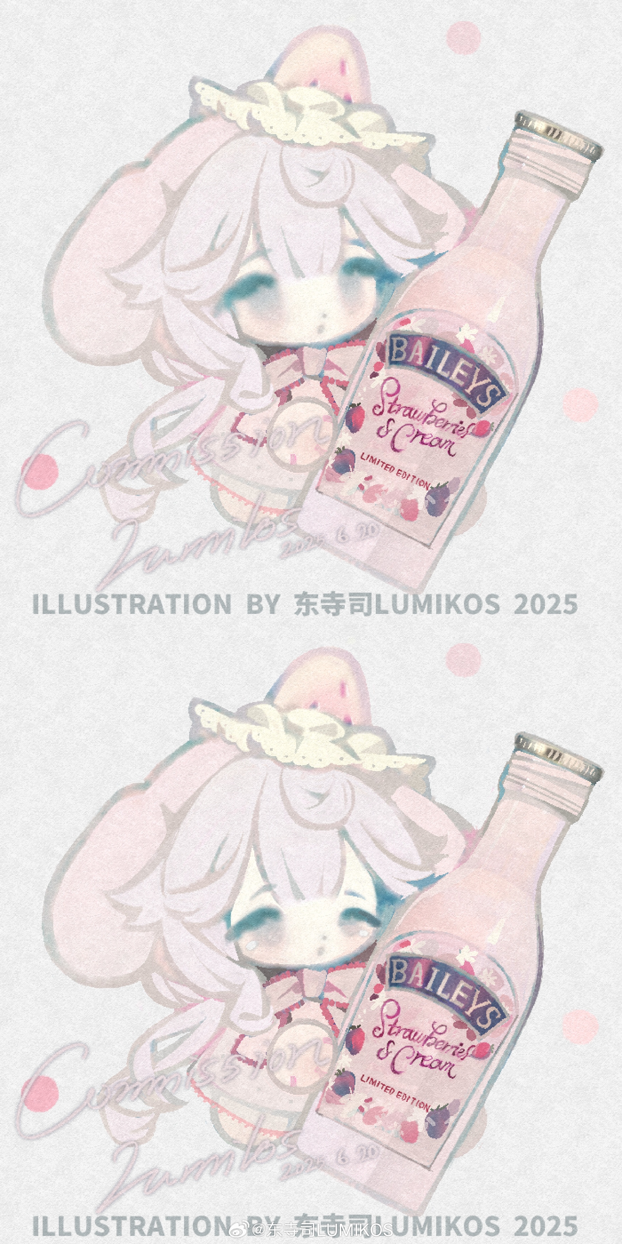 lumikos, original, absurdres, highres, 1girl, animal ears, bottle, bow, bowtie, chibi, chibi only, dress, english text, fake animal ears, food-themed hair ornament, frills, glass bottle, hair between eyes, hair ornament, holding, holding bottle, long hair, mini person, multiple expressions, multiple views, pink bow, sample watermark, simple background, watermark, white hair, wine bottle