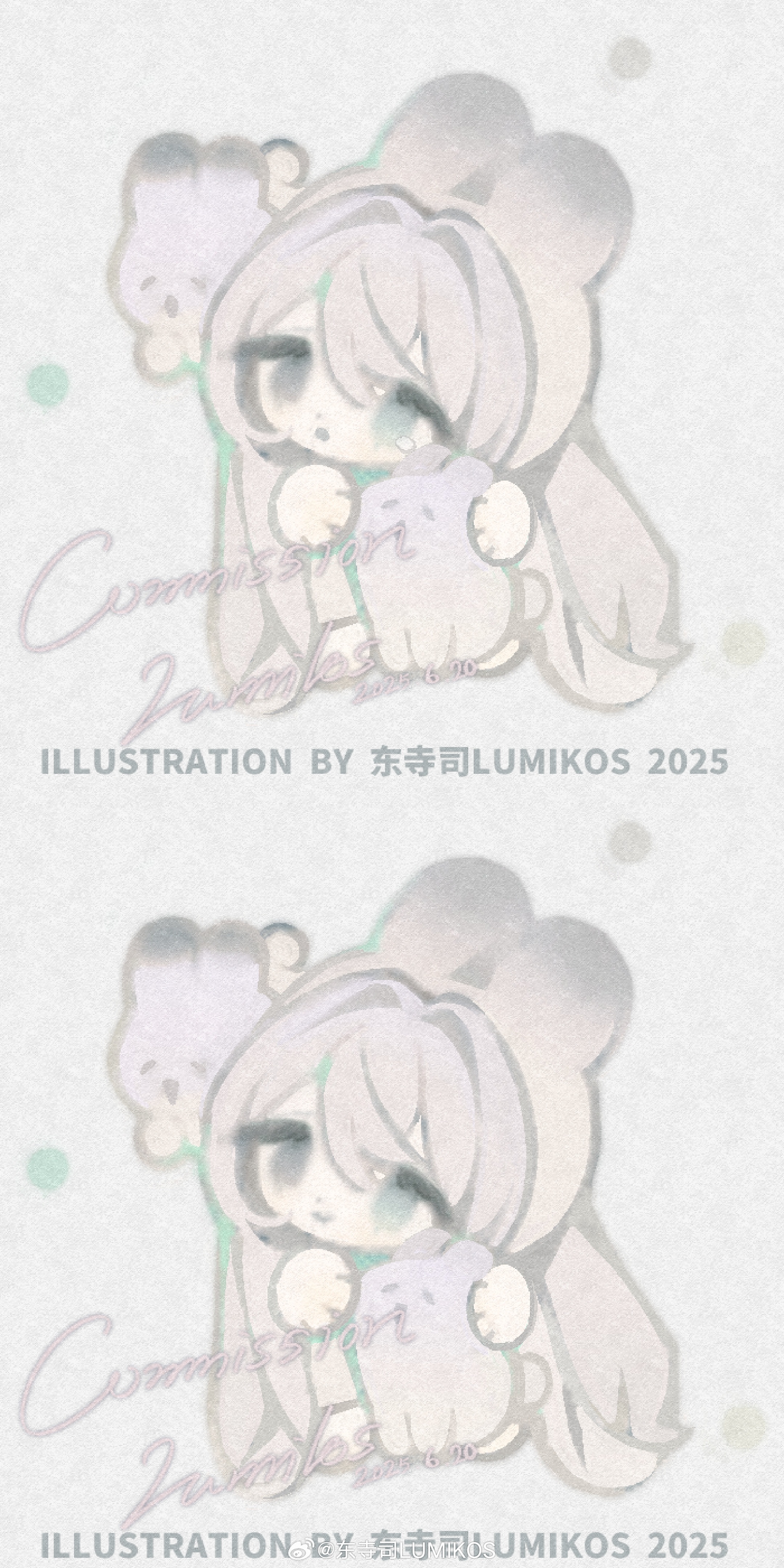lumikos, original, absurdres, highres, variant set, 1girl, animal ears, animal hood, chibi, chibi only, dress, english text, hair between eyes, hair intakes, holding, hood, long hair, mini person, multiple expressions, multiple views, rabbit, rabbit ears, rabbit hood, sample watermark, simple background, stuffed animal, stuffed rabbit, stuffed toy, watermark, white hair
