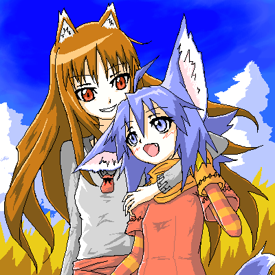 mof, holo, yuel (summon night), spice and wolf, summon night, lowres, 00s, 2girls, animal ears, cat ears, crossover, multiple girls, oekaki, wolf ears