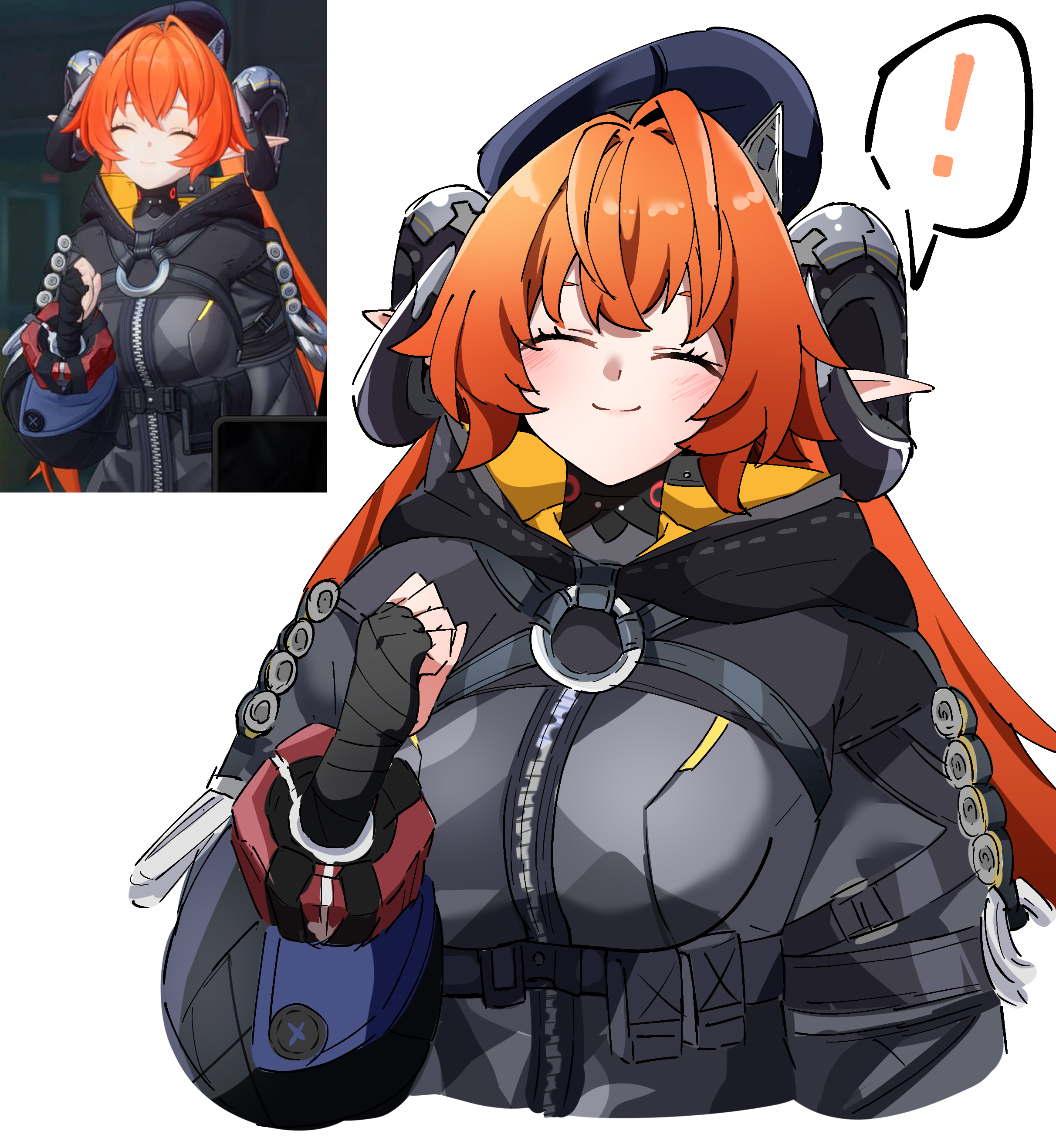 caseee999, orphie magnusson, zenless zone zero, absurdres, commentary request, highres, !, 1girl, ^ ^, black hat, black jacket, blush, closed eyes, hat, horns, jacket, long hair, long sleeves, multiple views, orange hair, pointy ears, simple background, smile, spoken exclamation mark, upper body, very long hair, white background