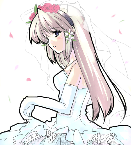 furai, sakagami tomoyo, clannad, lowres, 00s, bride, dress, flower, oekaki, solo, wedding dress