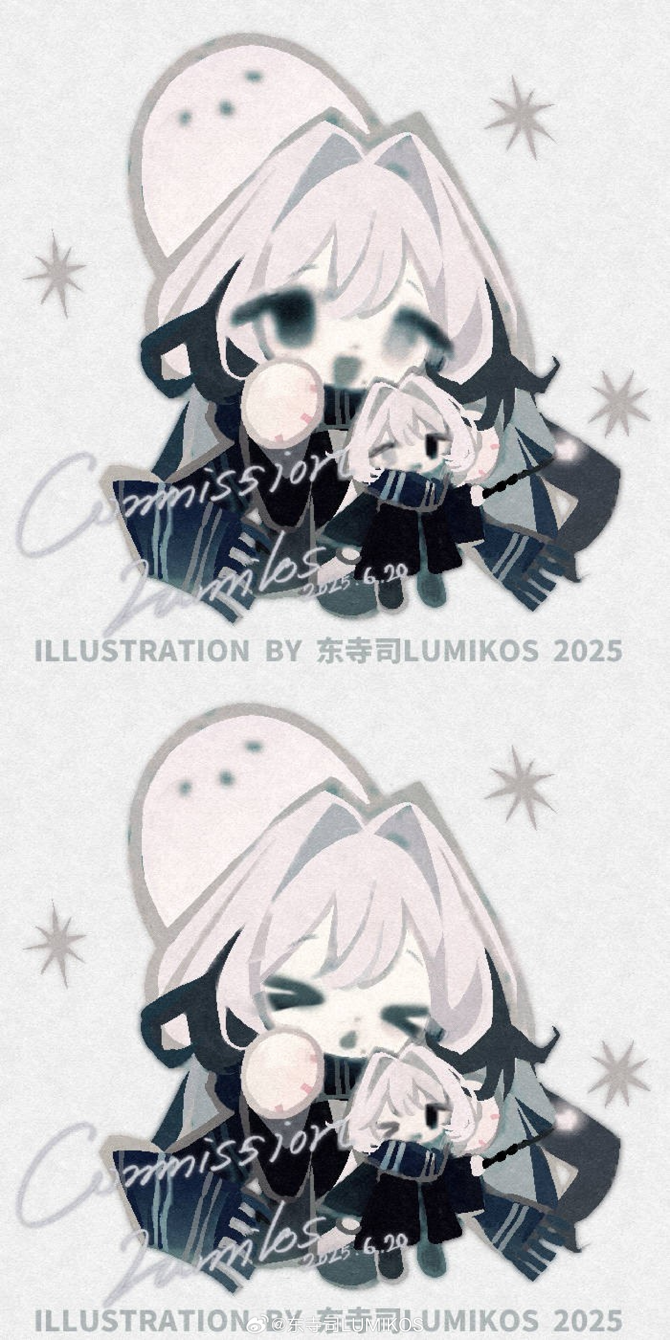 lumikos, original, absurdres, highres, > <, 1girl, black hair, black scarf, chibi, chibi only, dress, english text, ghost, hair between eyes, holding, long hair, mini person, multicolored hair, multiple expressions, multiple views, scarf, simple background, striped clothes, striped scarf, watermark, white hair