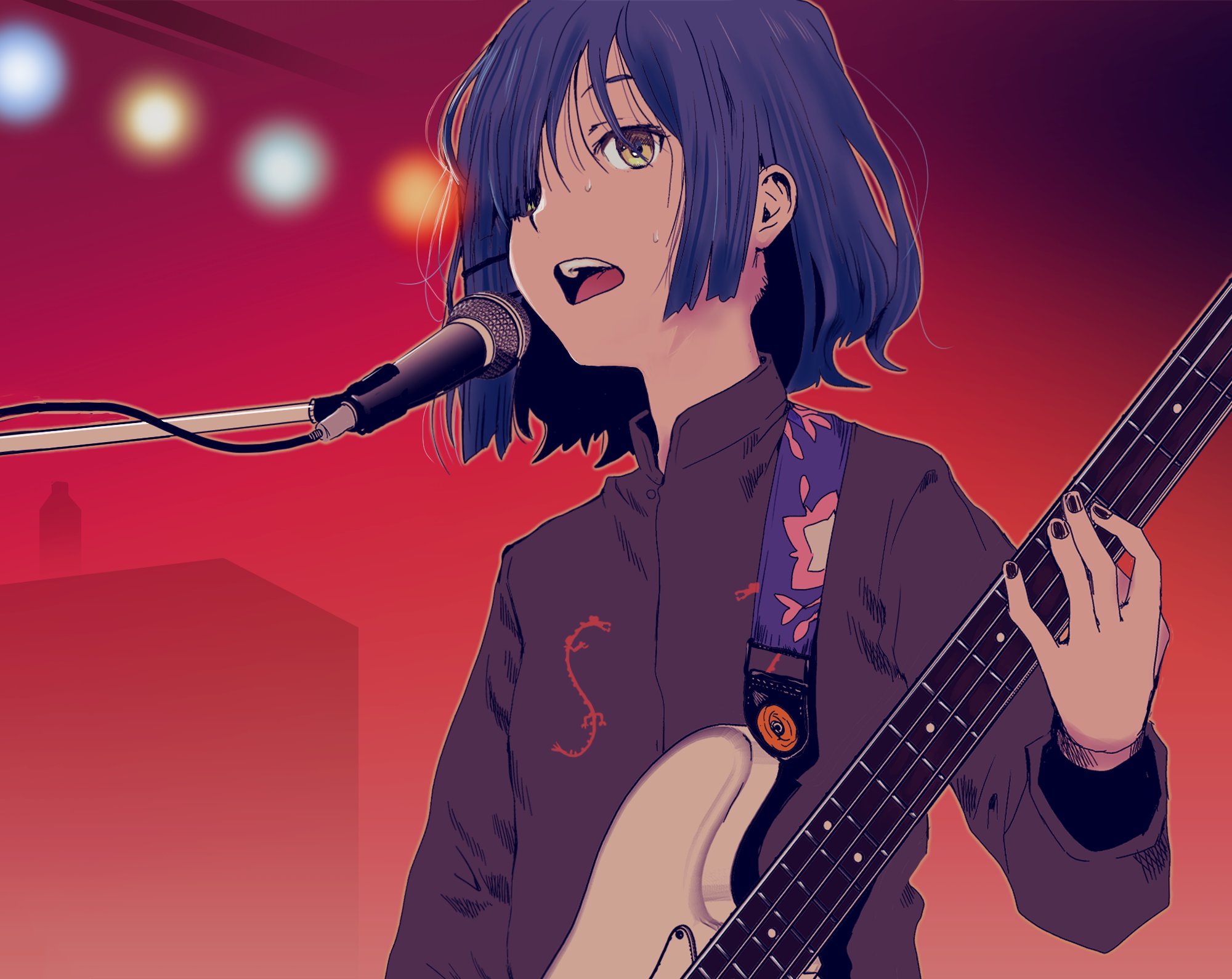 tamaoki benkyou, yamada ryo, bocchi the rock!, highres, 1girl, bass guitar, blue hair, collared shirt, guitar, instrument, microphone, music, open mouth, playing instrument, shirt, short hair, singing, sweat, upper body, yellow eyes