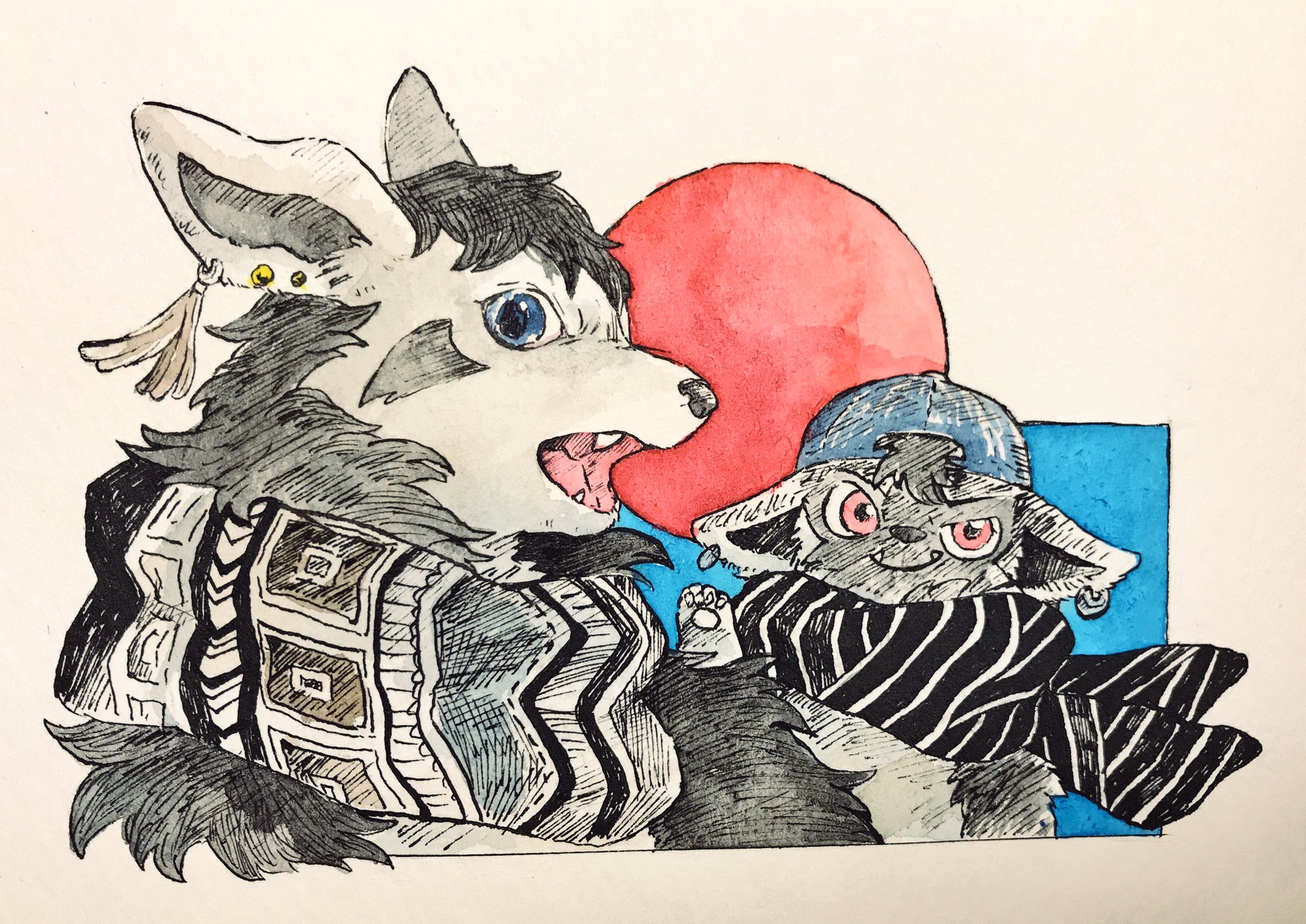 mint nappa, mightyena, poochyena, nintendo, pokemon, commentary, highres, painting (medium), traditional media, watercolor (medium), animal ear piercing, backwards hat, blue hat, border, clothed pokemon, evolutionary line, gen 3 pokemon, hat, looking at viewer, no humans, open mouth, pawpads, pokemon (creature), red eyes, red sun, scarf, white border