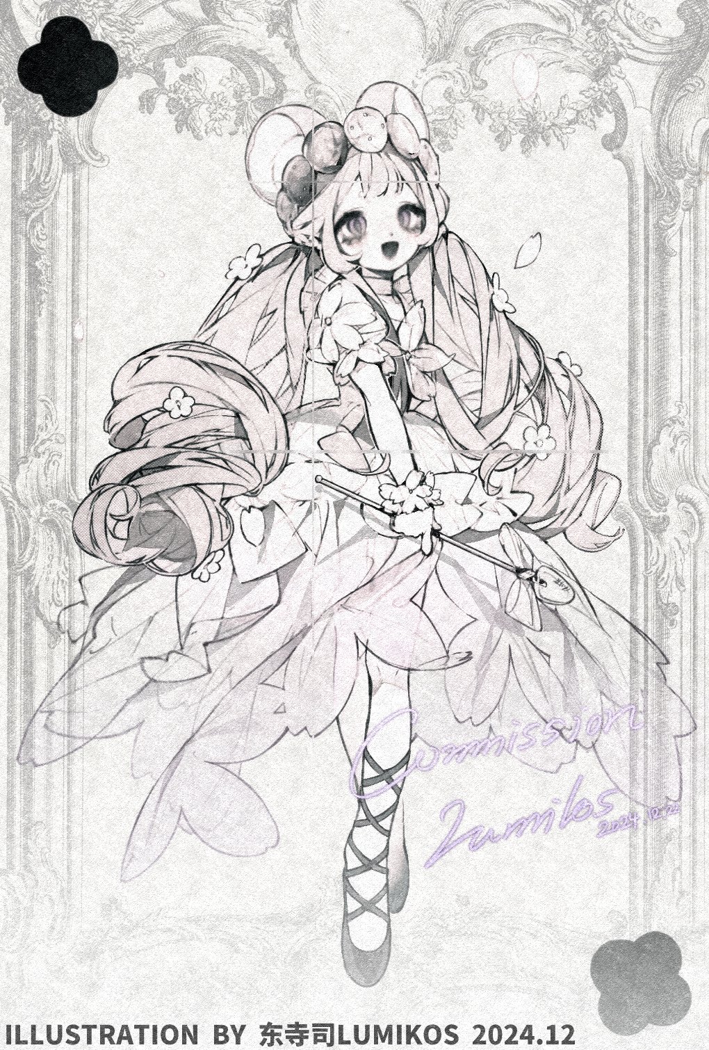 lumikos, original, highres, 1girl, :d, dress, drill hair, english text, flower, full body, greyscale, hair flower, hair ornament, leg ribbon, long hair, monochrome, open mouth, ribbon, smile, twin drills, twintails, white dress
