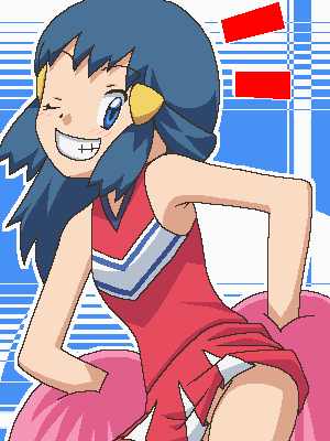 awa, dawn (pokemon), nintendo, pokemon, pokemon (anime), pokemon dppt (anime), lowres, 1girl, alternate costume, blue eyes, blue hair, cheerleader, female focus, grin, jaggy lines, matching hair/eyes, no panties, oekaki, one eye closed, pom pom (cheerleading), smile, solo, wink