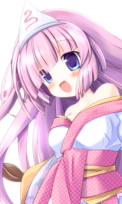 akino sakura, emil chronicle online, 1girl, bare shoulders, blue eyes, breasts, hair ornament, japanese clothes, kimono, long hair, medium breasts, open mouth, pink hair, pink kimono, pink sash, sash, smile, solo, towa (emil chronicle online), two-tone kimono, white background, white kimono