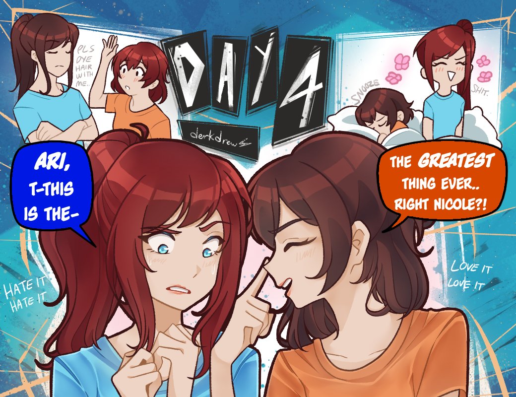 derkdrew124, ari (class of 09), nicole (class of 09), class of 09, alternate hair color, blue background, blue eyes, blush, brown hair, closed mouth, english text, hand up, looking down, multiple views, parted lips, portrait, red hair, speech bubble, teeth, upper teeth only