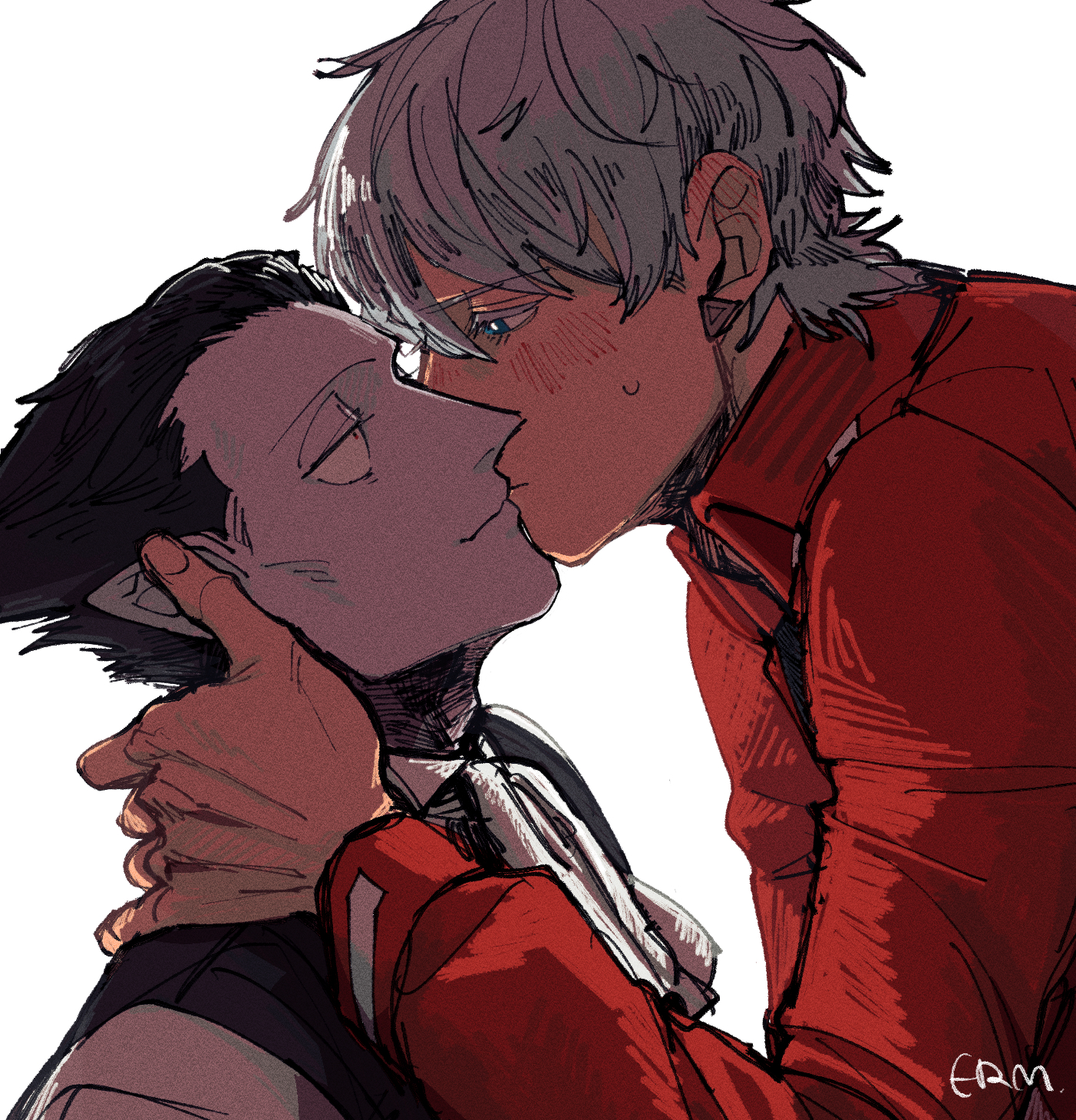 erm nkcn, draluc (kyuuketsuki sugu shinu), ronaldo (kyuuketsuki sugu shinu), kyuuketsuki sugu shinu, highres, 2boys, black hair, from side, grey hair, jacket, kiss, long sleeves, looking at another, male focus, multiple boys, pale skin, pointy ears, red jacket, short hair, simple background, white background, yaoi