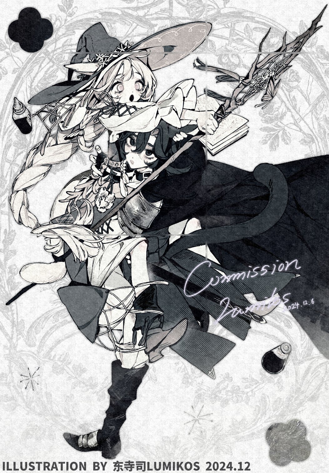 lumikos, original, highres, 2girls, animal ears, book, boots, cape, cat, cat ears, cat tail, dress, hat, holding, holding book, holding staff, long hair, monochrome, multiple girls, staff, tail, witch, witch hat