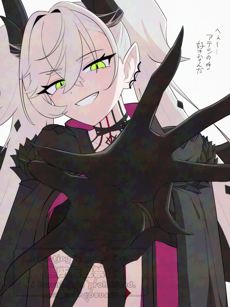 drill bulbul, lilith (fate), lilith (second ascension) (fate), fate/grand order, fate (series), 1girl, chest tattoo, demon horns, earrings, green eyes, horns, jewelry, looking at viewer, neck tattoo, open clothes, single earring, smile, solo, tattoo, twintails, watermark