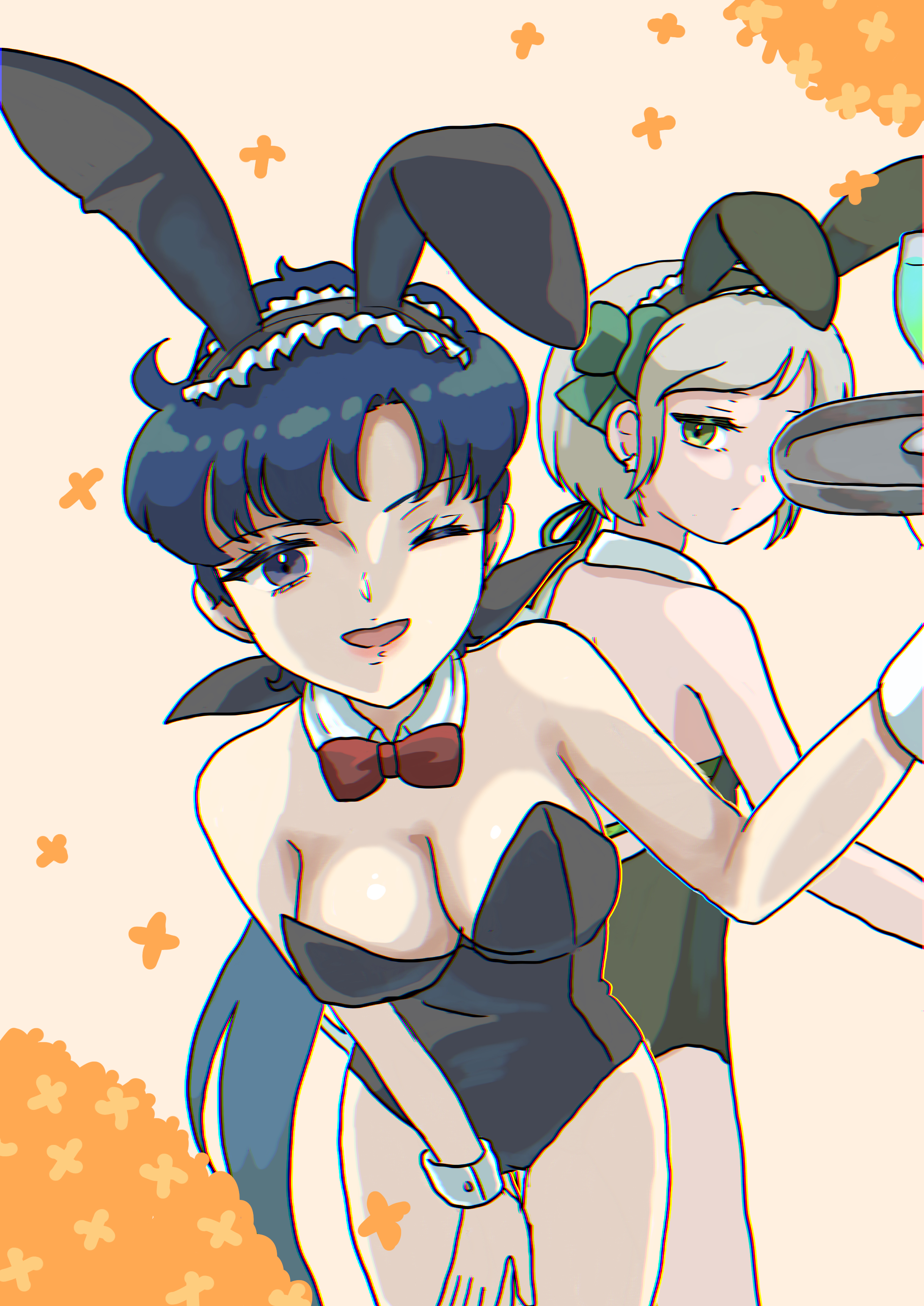 seiya kou, yaten kou, bishoujo senshi sailor moon, bishoujo senshi sailor moon stars, absurdres, highres, back, blue eyes, blue hair, breasts, cleavage, collar, detached collar, green eyes, grey hair, leotard, lips, long hair, medium breasts, miyu sty, one eye closed, playboy bunny, ponytail, tray, white collar, wrist cuffs