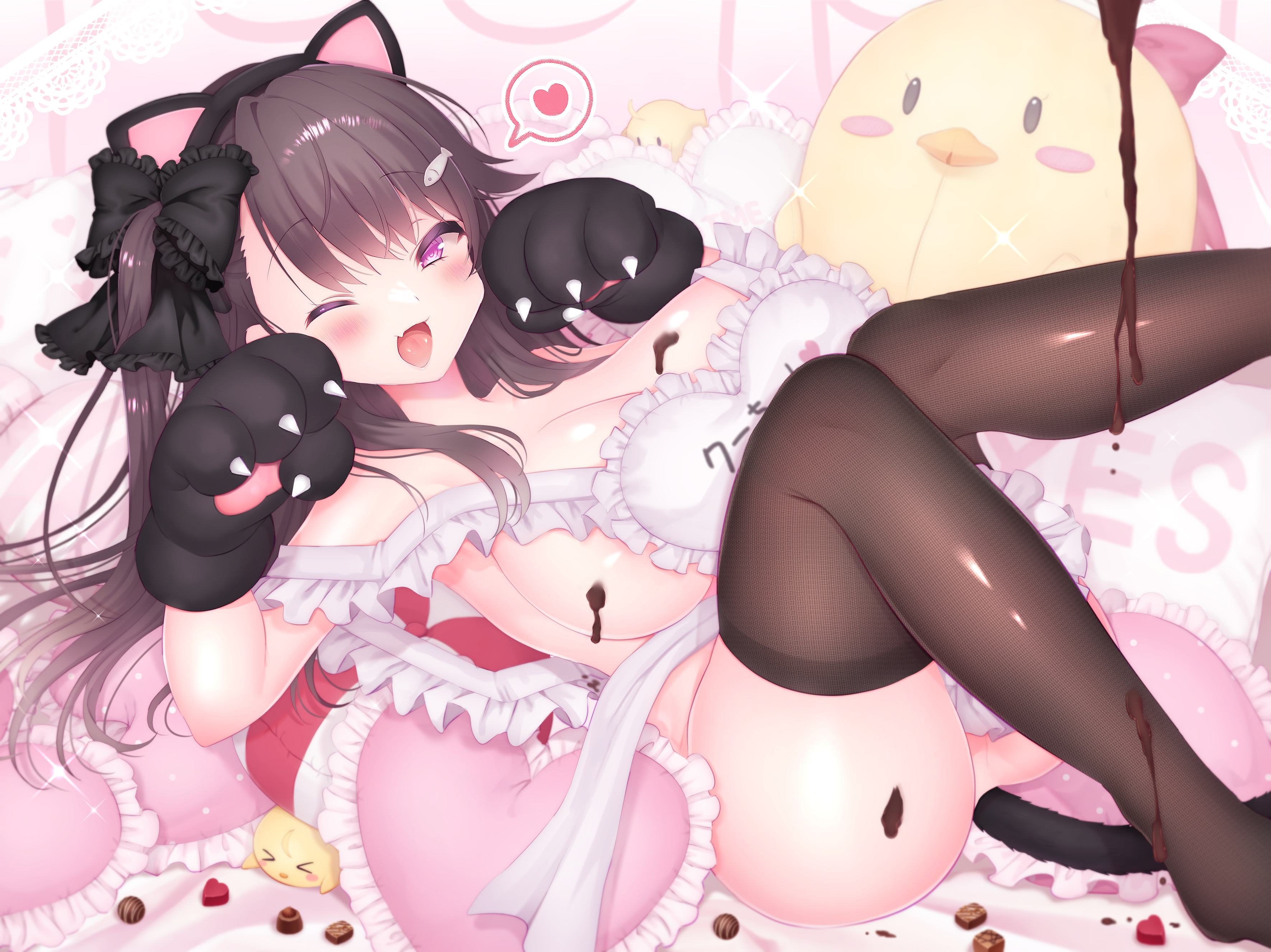 17ho 10ban, pamiat merkuria (azur lane), pamiat merkuria (mercurial chocolate love) (azur lane), azur lane, absurdres, highres, ;d, animal ears, animal hands, apron, bed, black bow, black gloves, blush, bow, breasts, brown hair, cat ears, cat girl, cat tail, chocolate, chocolate on body, chocolate on breasts, cleavage, fang, fish hair ornament, food on body, gloves, hair between eyes, hair bow, hair ornament, half-closed eye, hands up, happy, heart, knees together feet apart, large breasts, legs up, long hair, lying, naked apron, no panties, on back, on bed, one eye closed, open mouth, paw gloves, pink eyes, purple eyes, side ponytail, sideboob, skindentation, smile, spoken heart, strap slip, tail, thighhighs, upskirt, white apron, yes-no pillow