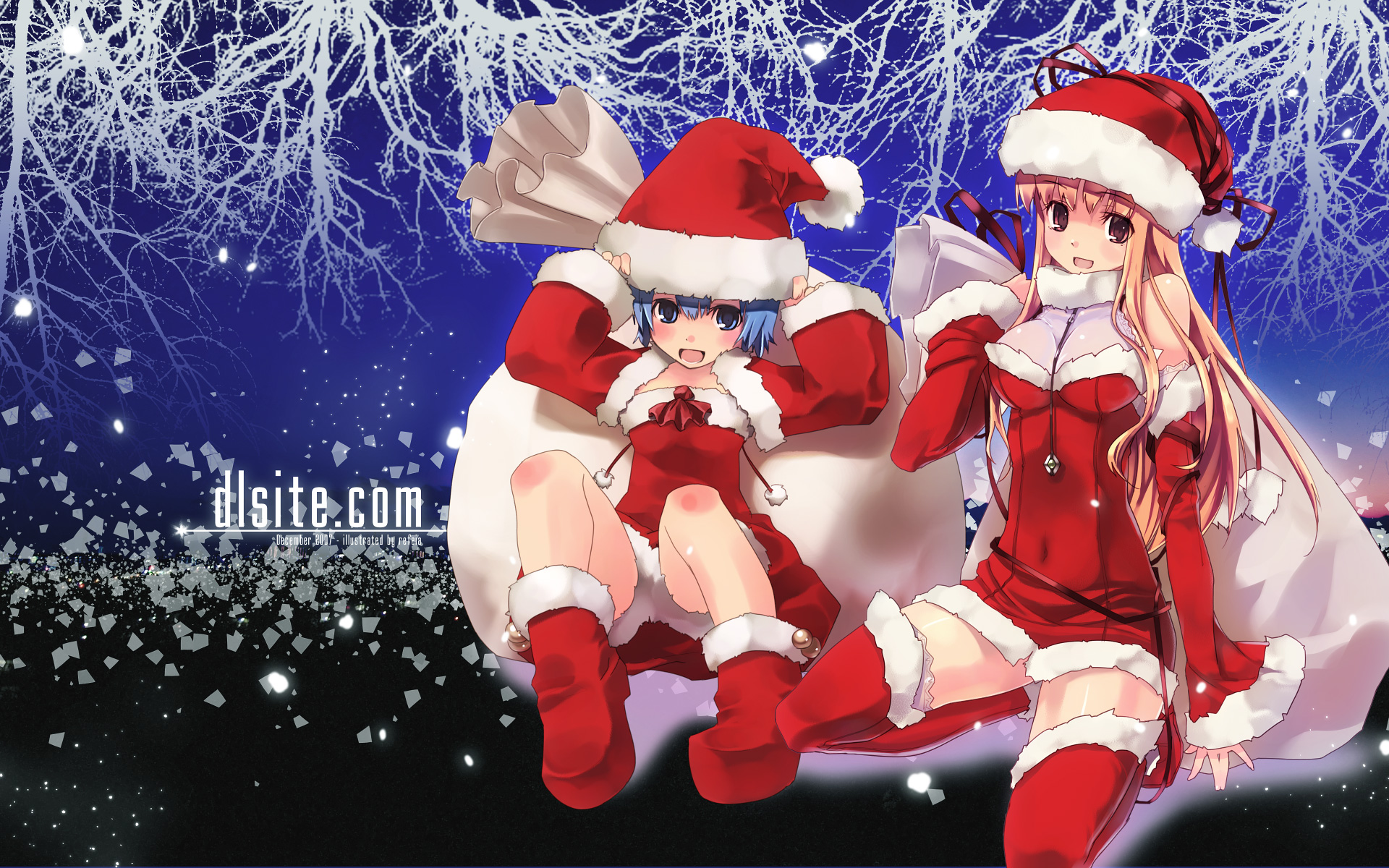 refeia, dille blood, elle sweet, dlsite.com, santa boots, highres, 1boy, 1girl, :d, bell, blonde hair, blue hair, boots, breasts, brown hair, christmas, dress, hat, jingle bell, looking at viewer, medium breasts, open mouth, sack, santa costume, santa hat, sitting, small breasts, smile, squatting, thighhighs, watermark, web address, zettai ryouiki