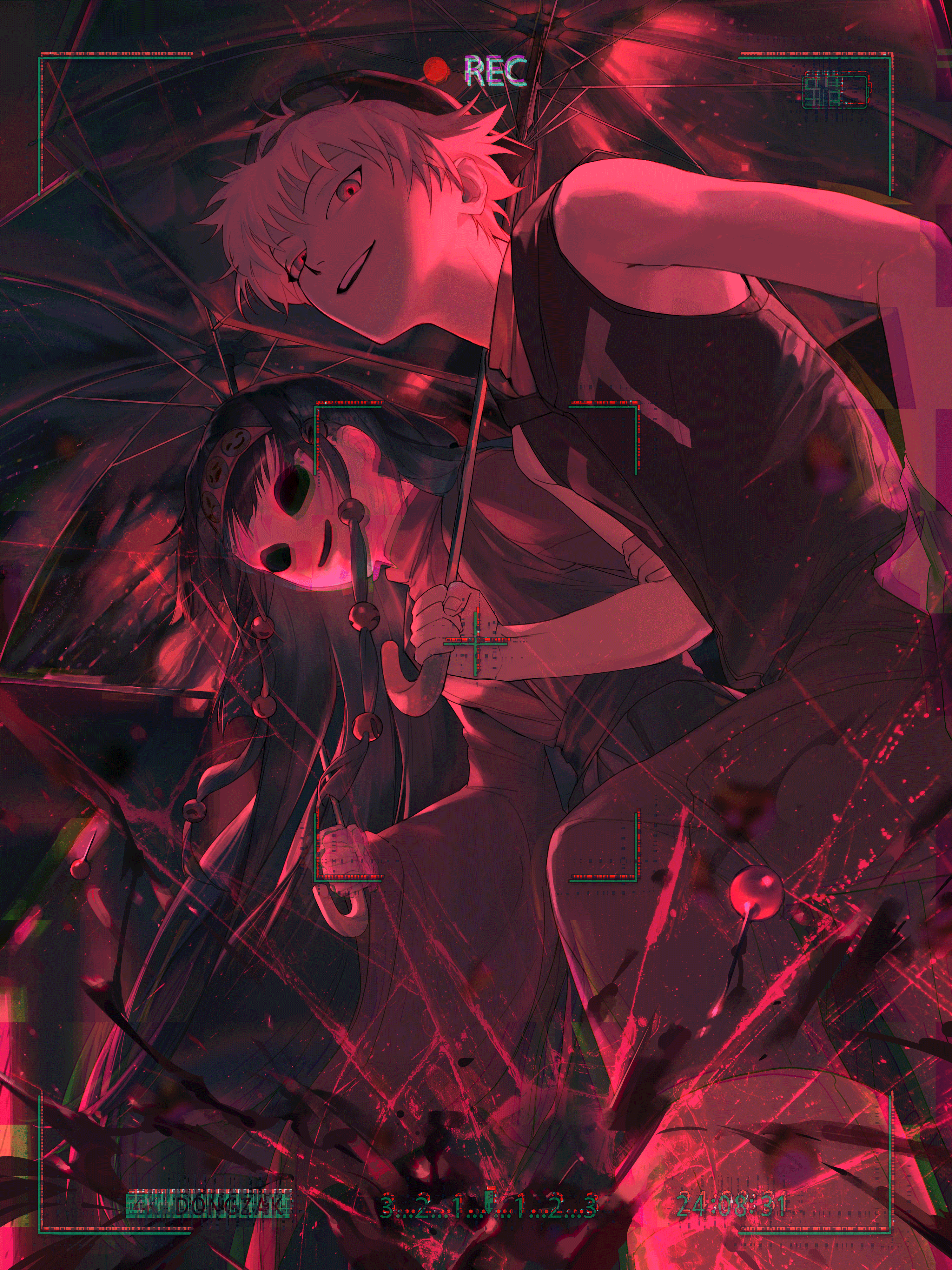 dongzak o0, alluka zoldyck, killua zoldyck, hunter x hunter, absurdres, commentary request, highres, 1boy, 1girl, alternate costume, battery indicator, black hair, blood, blue eyes, camera, cracked screen, flat cap, from below, hair ornament, hairband, hand in pocket, hat, holding, holding umbrella, hollow eyes, hollow mouth, long hair, long sleeves, looking at viewer, multi-tied hair, pants, recording, red theme, short hair, siblings, sleeveless, smile, spiked hair, tank top, teeth, umbrella, very long hair, viewfinder, white hair, wide sleeves