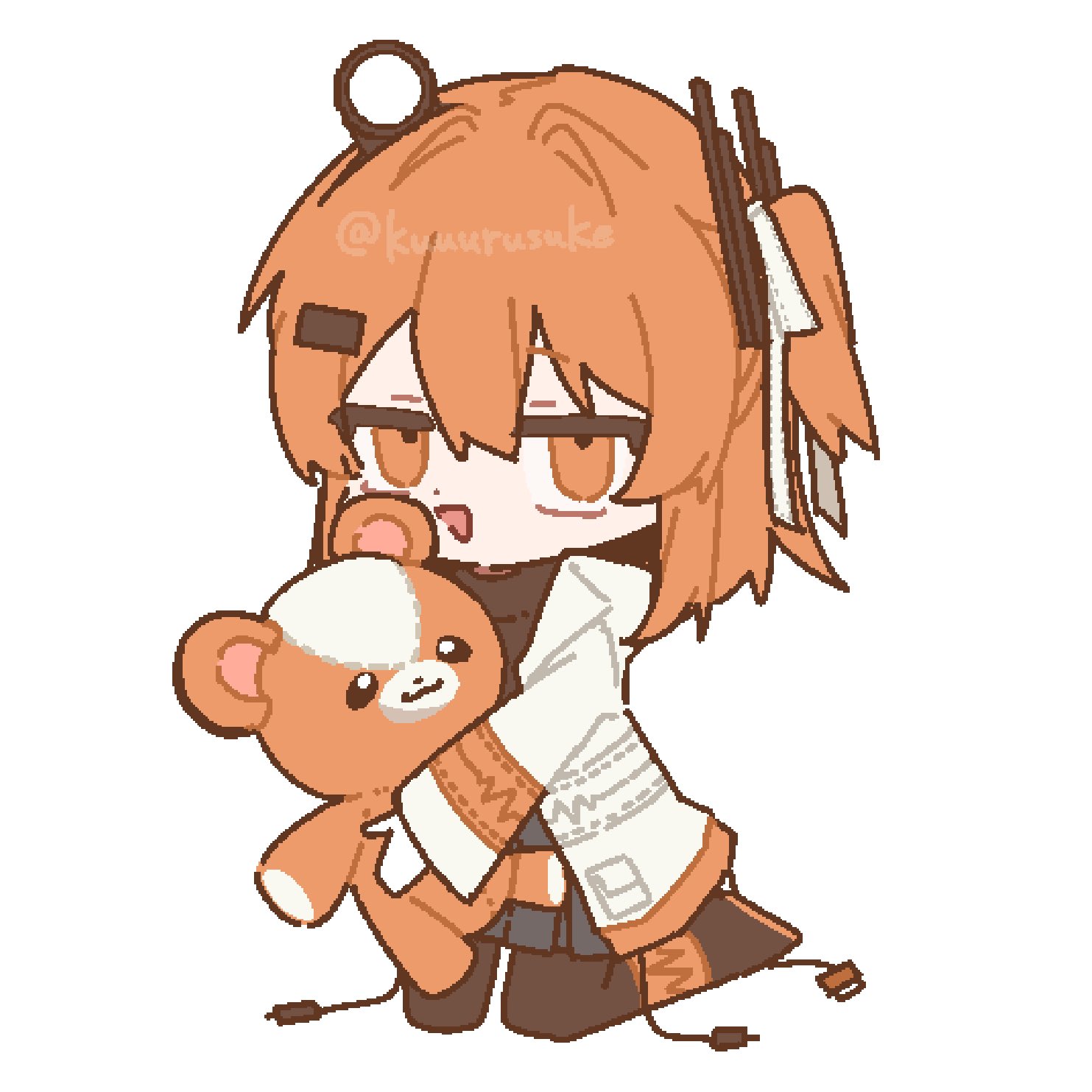 kuuurusuke, adachi rei, a.i. voice, utau, highres, 1girl, cable, full body, headlamp, holding, holding stuffed toy, jacket, kneeling, long sleeves, looking at viewer, one side up, open clothes, open jacket, open mouth, orange eyes, orange hair, simple background, solo, stuffed animal, stuffed toy, teddy bear, white background, white jacket