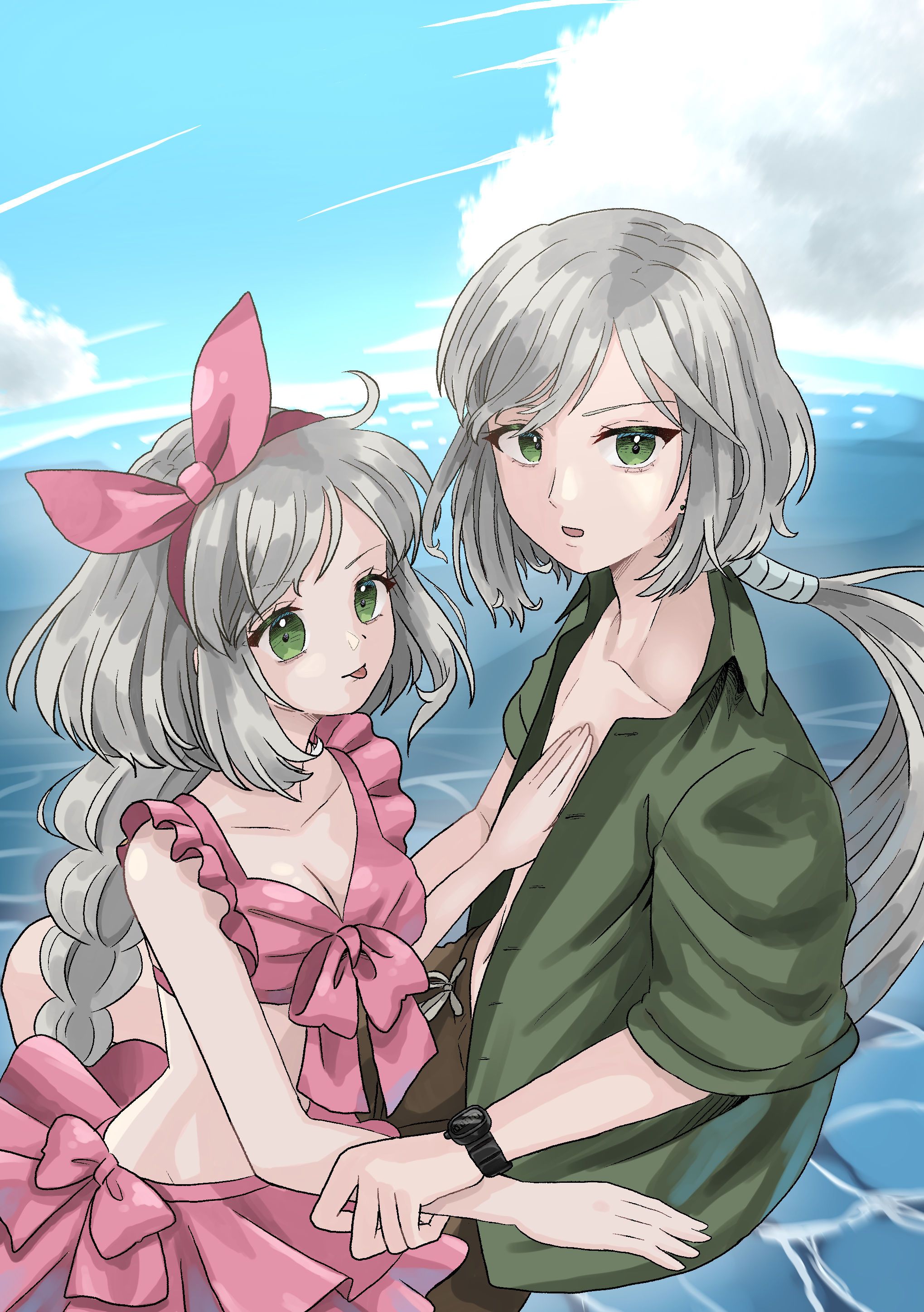 yaten kou, bishoujo senshi sailor moon, bishoujo senshi sailor moon stars, absurdres, highres, 1boy, 1girl, :p, bikini, breasts, brown male swimwear, cleavage, collarbone, dual persona, frilled bikini, frills, green shirt, grey hair, hand on another's chest, in water, looking at viewer, male swimwear, midriff, miyu sty, ocean, parted bangs, pink bikini, ponytail, shirt, small breasts, swimsuit, t-shirt, tongue, tongue out, watch