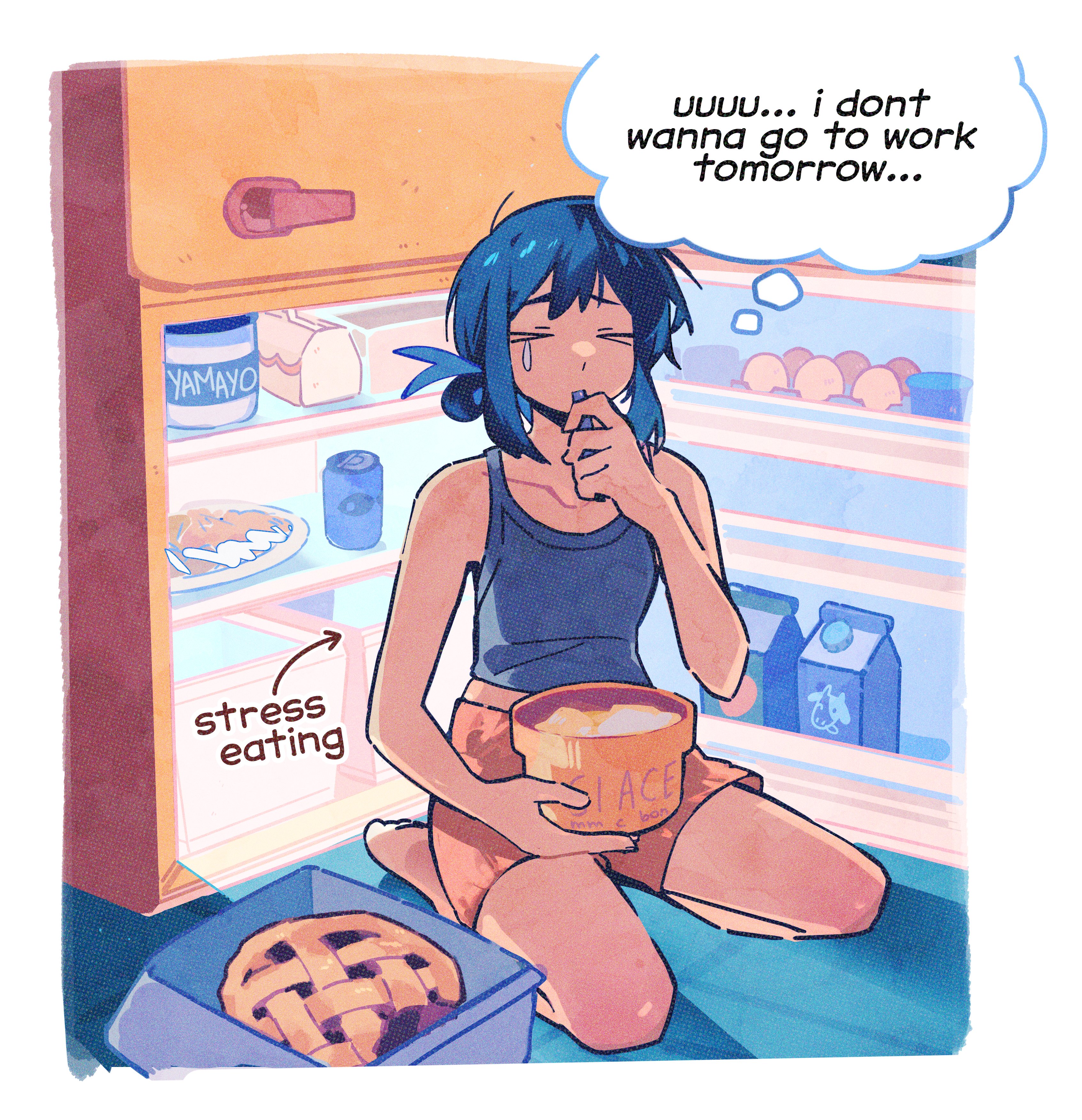 chaos5, original, absurdres, highres, > <, 1girl, binge eating, blue hair, blue shirt, bowl, breasts, can, closed mouth, collarbone, drink can, eating, egg, english text, food, full body, holding, holding bowl, kneeling, medium hair, midriff, milk, orange pants, pants, pie, plate, refrigerator, shirt, sleeveless, sleeveless shirt, small breasts, soda can, solo, speech bubble, thought bubble, utensil in mouth