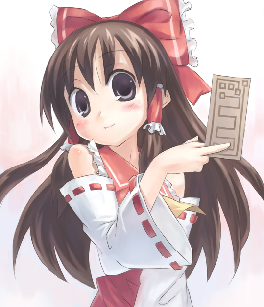 saeki nao, hakurei reimu, touhou, bad id, bad pixiv id, 1girl, blush, female focus, gradient background, ofuda, smile, solo, white background