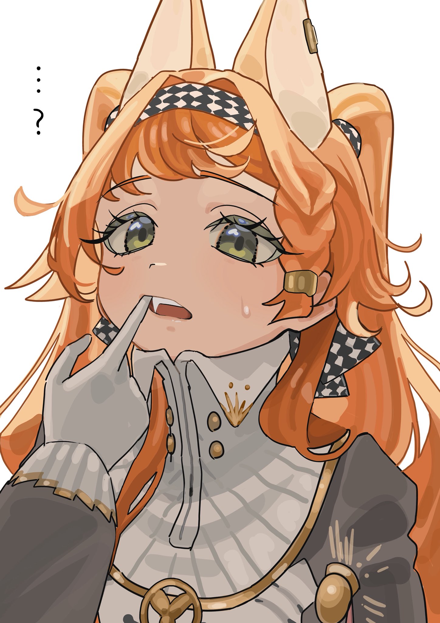 perapera o2, sonetto (reverse:1999), reverse:1999, highres, …?, 1girl, animal ears, checkered hairband, collared dress, dog ears, dress, fang, finger in own mouth, gloves, green eyes, grey sleeves, hairband, hand up, high collar, kemonomimi mode, long hair, looking at viewer, orange hair, solo, sweat, two side up, upper body, very long hair, white background, white dress, white gloves
