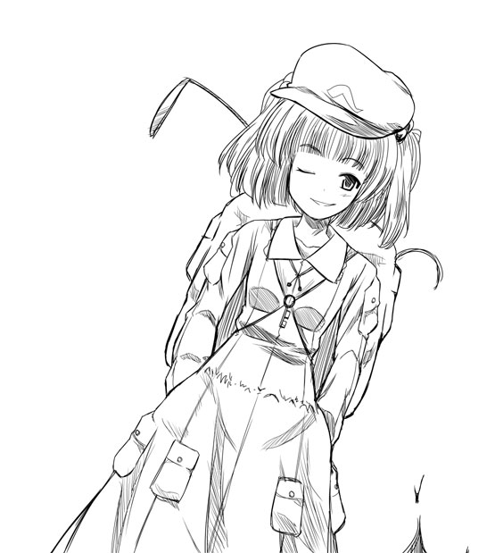 kiku hitomoji, tora tooru, toru tooru, kawashiro nitori, touhou, 1girl, ;), arms behind back, blunt bangs, blush, collar, collarbone, dress, female focus, flat cap, greyscale, hat, key, long sleeves, looking at viewer, monochrome, one eye closed, pocket, simple background, smile, solo, two side up, white background