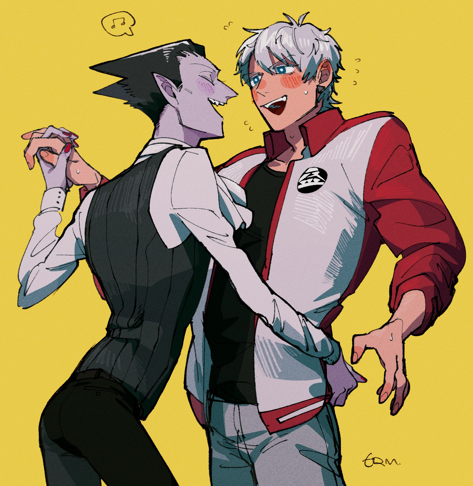 erm nkcn, draluc (kyuuketsuki sugu shinu), ronaldo (kyuuketsuki sugu shinu), kyuuketsuki sugu shinu, highres, 2boys, ascot, black hair, black pants, black vest, blush, colored skin, embarrassed, fingernails, flying sweatdrops, grey hair, hand on another's waist, holding hands, male focus, multiple boys, musical note, open mouth, pants, pointy ears, purple skin, red eyes, shirt, short hair, signature, vampire, vest, white ascot, white shirt, yaoi, yellow background