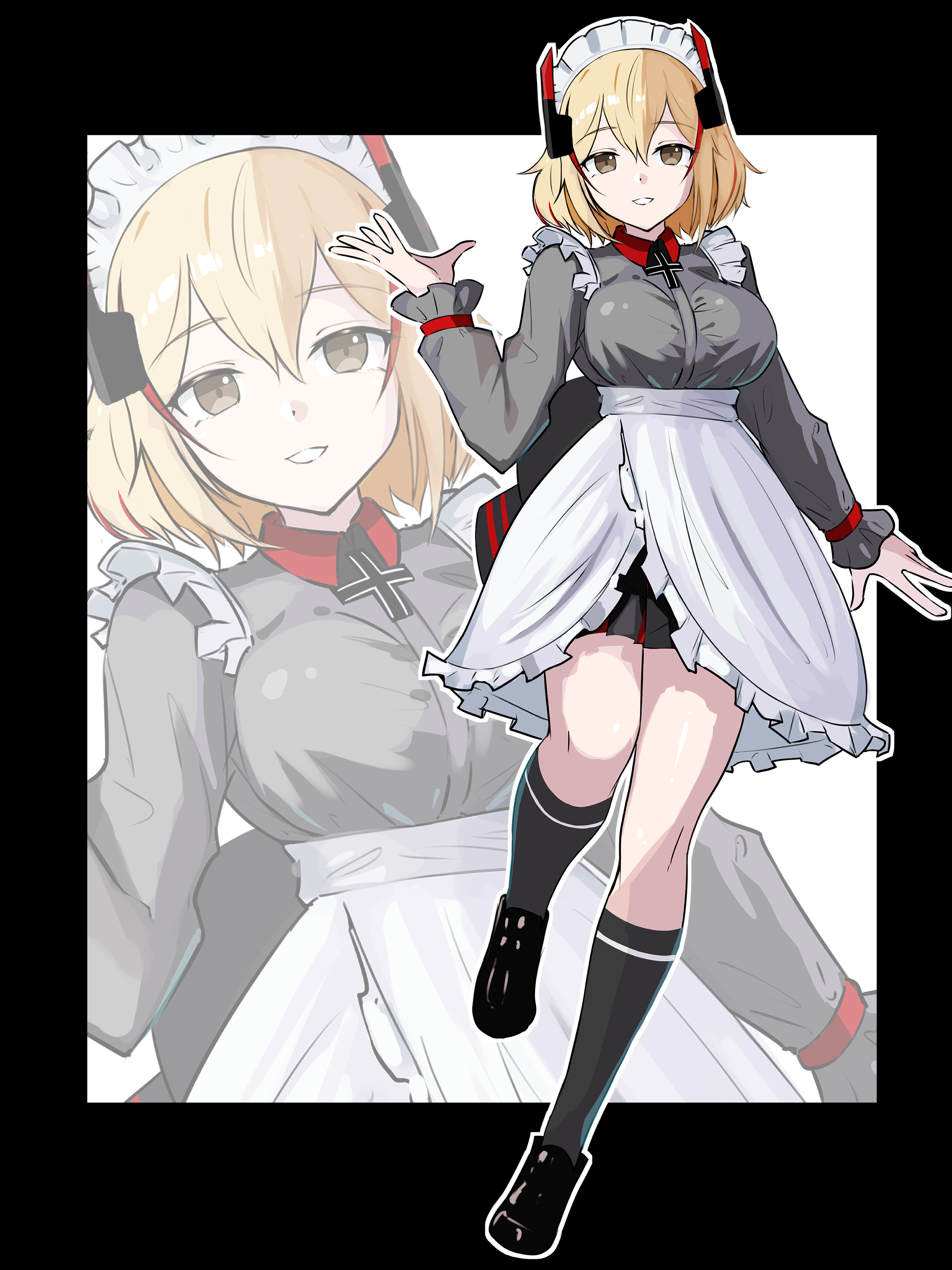 enukee, roon (azur lane), azur lane, absurdres, commentary request, highres, 1girl, alternate costume, apron, black skirt, blonde hair, breasts, cross, enmaided, full body, grin, hair between eyes, hand up, headgear, iron cross, kneehighs, large breasts, looking at viewer, maid, maid headdress, medium hair, miniskirt, multicolored hair, pleated skirt, red hair, skirt, smile, socks, solo, standing, standing on one leg, streaked hair, two-tone hair, waitress, white apron, yellow eyes