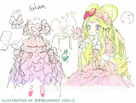 lumikos, original, lowres, 1girl, blonde hair, bow, dress, drill hair, frilled dress, frills, long hair, pink dress, puffy short sleeves, puffy sleeves, purple eyes, short sleeves, sketch