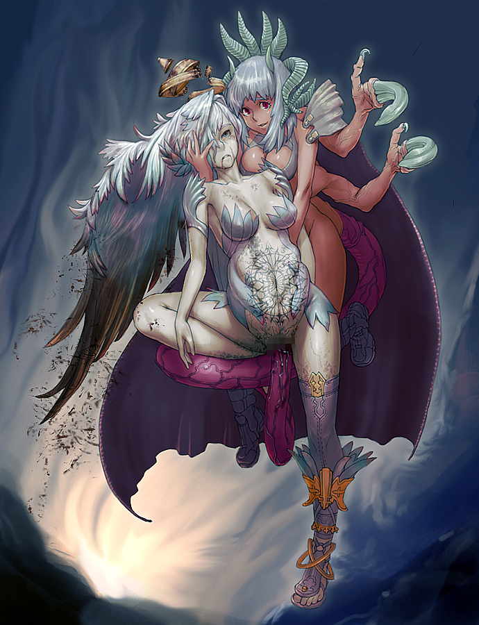 maruyama rui, original, bad id, bad pixiv id, 2girls, censored, claws, extra arms, head wings, horns, large insertion, monster, monster girl, multi limb, multiple girls, object insertion, pregnant, rape, tentacle sex, tentacles, wings
