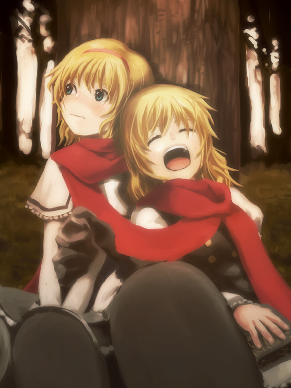 hyuuga azuri, alice margatroid, kirisame marisa, touhou, 2girls, blonde hair, blush, female focus, forest, multiple girls, nature, outdoors, red scarf, scarf, shared clothes, shared scarf, sitting, yawning, yuri