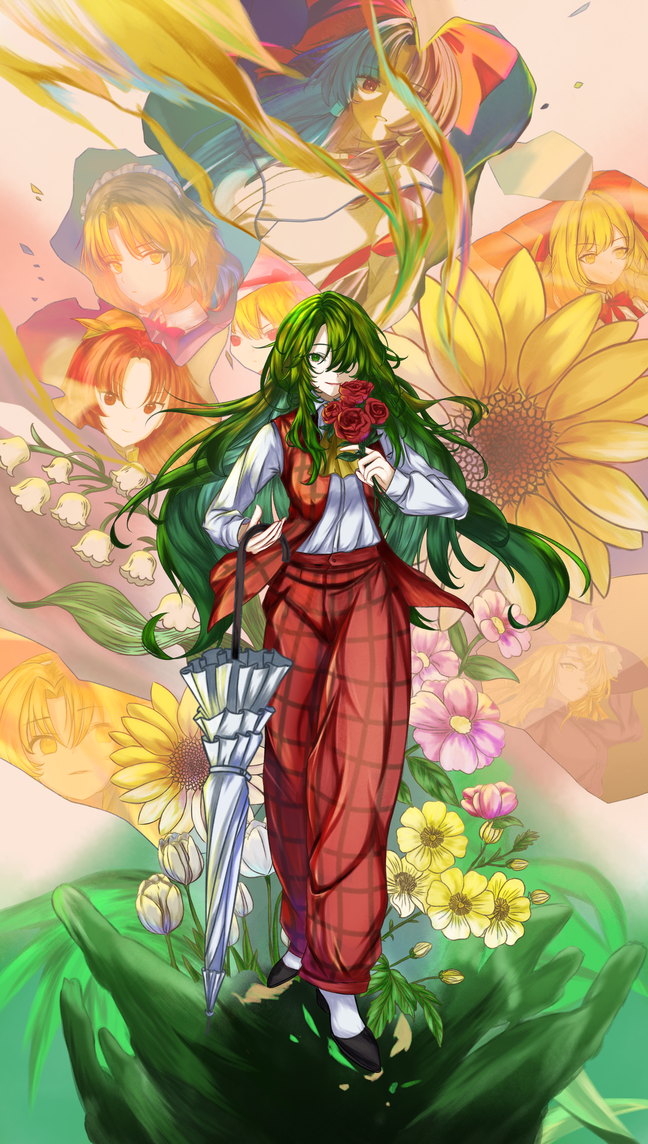 elly (touhou), gengetsu (touhou), hakurei reimu, hakurei reimu (pc-98), kazami yuuka, kazami yuuka (pc-98), kirisame marisa, kirisame marisa (pc-98), kurumi (touhou), mugetsu (touhou), orange (touhou), lotus land story, touhou, touhou (pc-98), absurdres, chinese commentary, commentary request, highres, 6+girls, ascot, black shoes, blonde hair, bow, broken glass, bud, flower, full body, glass, green eyes, green hair, hair bow, hat, holding, holding flower, holding umbrella, japanese clothes, kimono, lily of the valley, long hair, long sleeves, medium hair, multiple girls, open mouth, orange hair, pants, parasol, pink flower, plaid clothes, plaid pants, plaid vest, purple hair, red bow, red eyes, red flower, red pants, red rose, red vest, rose, shirt, shoes, smile, sunflower, tulip, umbrella, vest, white flower, white kimono, white shirt, witch hat, yellow ascot, yellow eyes, yellow flower, zhaoxi ran gu