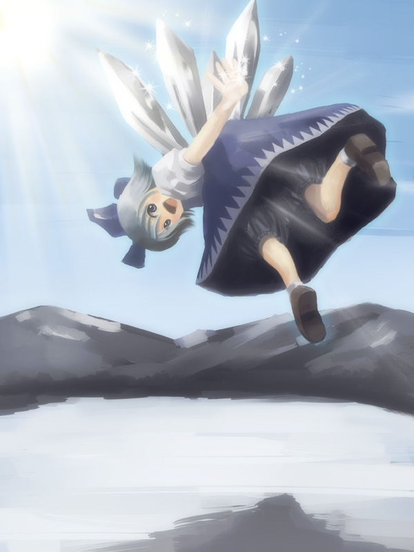 hyuuga azuri, cirno, embodiment of scarlet devil, touhou, 1girl, :d, blue dress, blue eyes, blue hair, crystal, day, dress, female focus, from behind, ice, ice wings, lake, light rays, looking at viewer, looking back, matching hair/eyes, mountain, open mouth, outdoors, puffy short sleeves, puffy sleeves, short sleeves, smile, solo, sunlight, wings