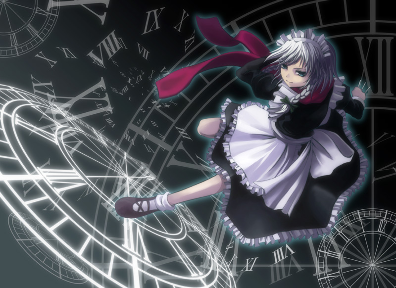 hyuuga azuri, izayoi sakuya, perfect cherry blossom, touhou, 1girl, blue eyes, bow, braid, clock, danmaku, female focus, lace, maid, scarf, short hair, smirk, solo, twin braids, white hair